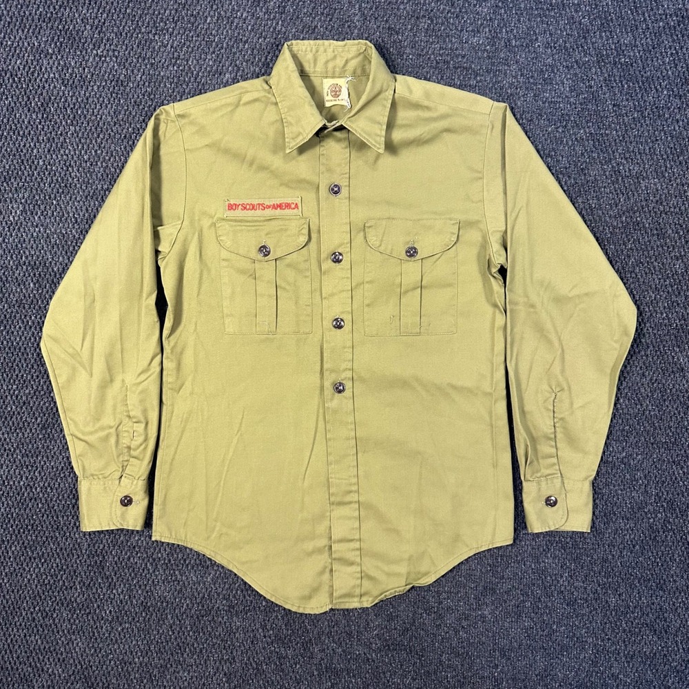 Vintage 80's Boy Scouts of America Uniform Shirt Kids 14 Green Long Sleeve